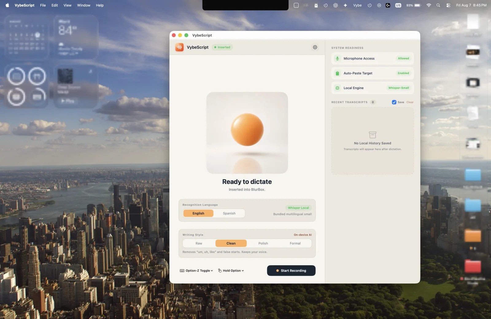 The VybeScript app home screen on macOS.