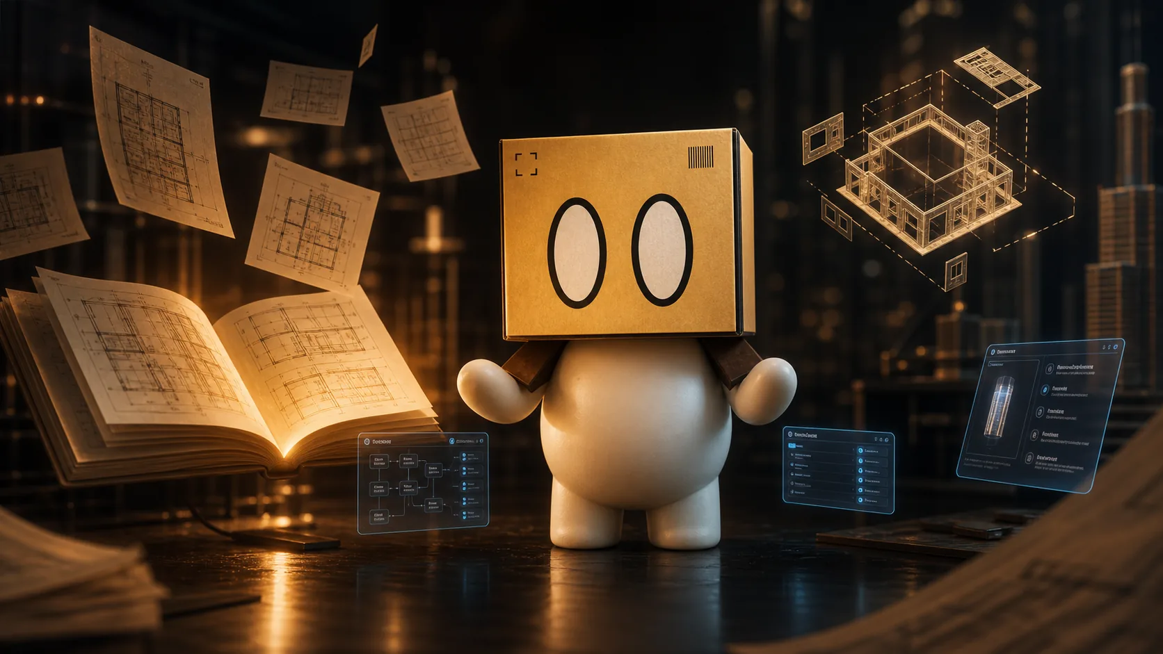 Boxy beside a glowing architectural model with floating plans.