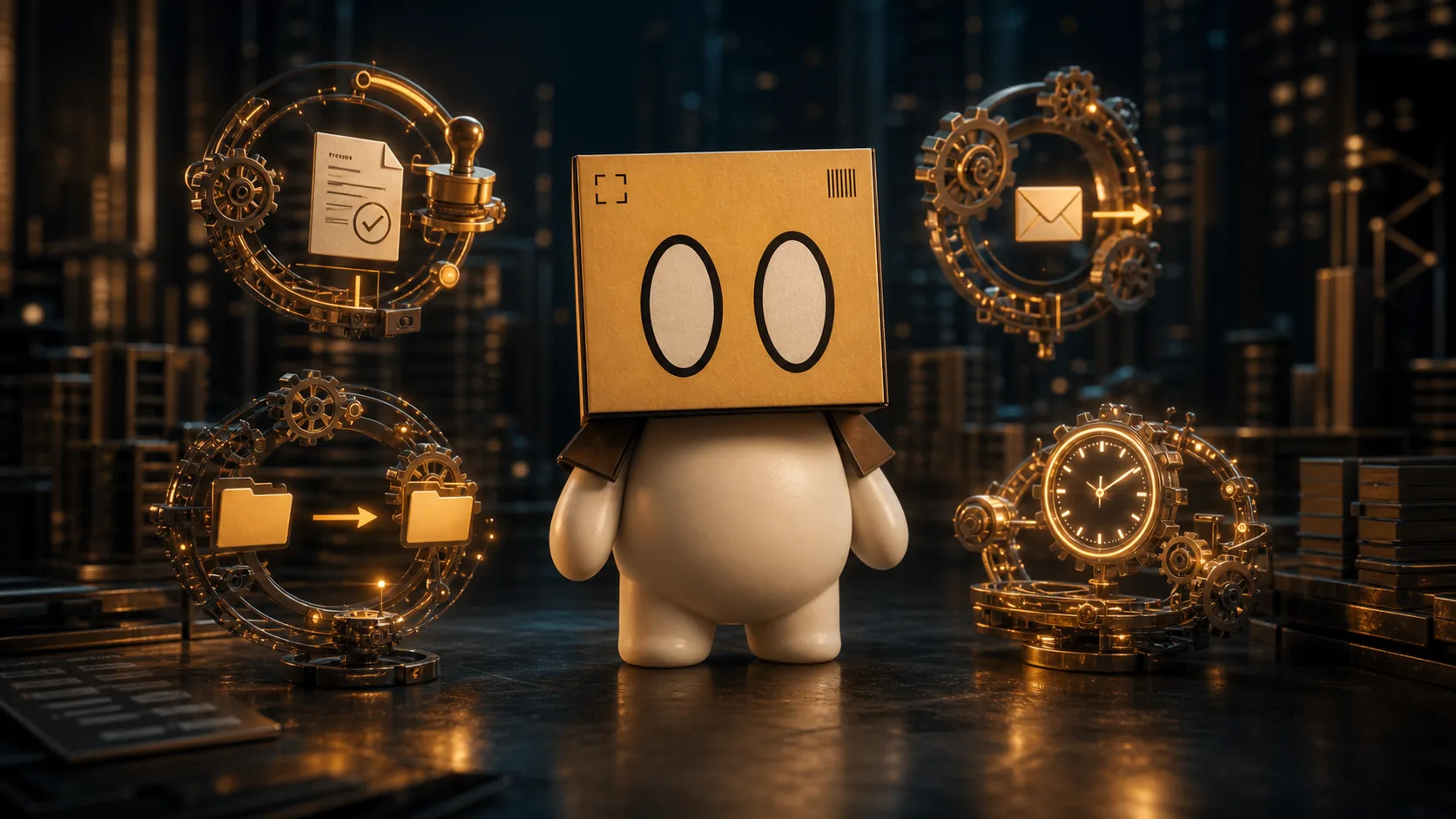 Boxy standing between glowing automation gears and a clock.