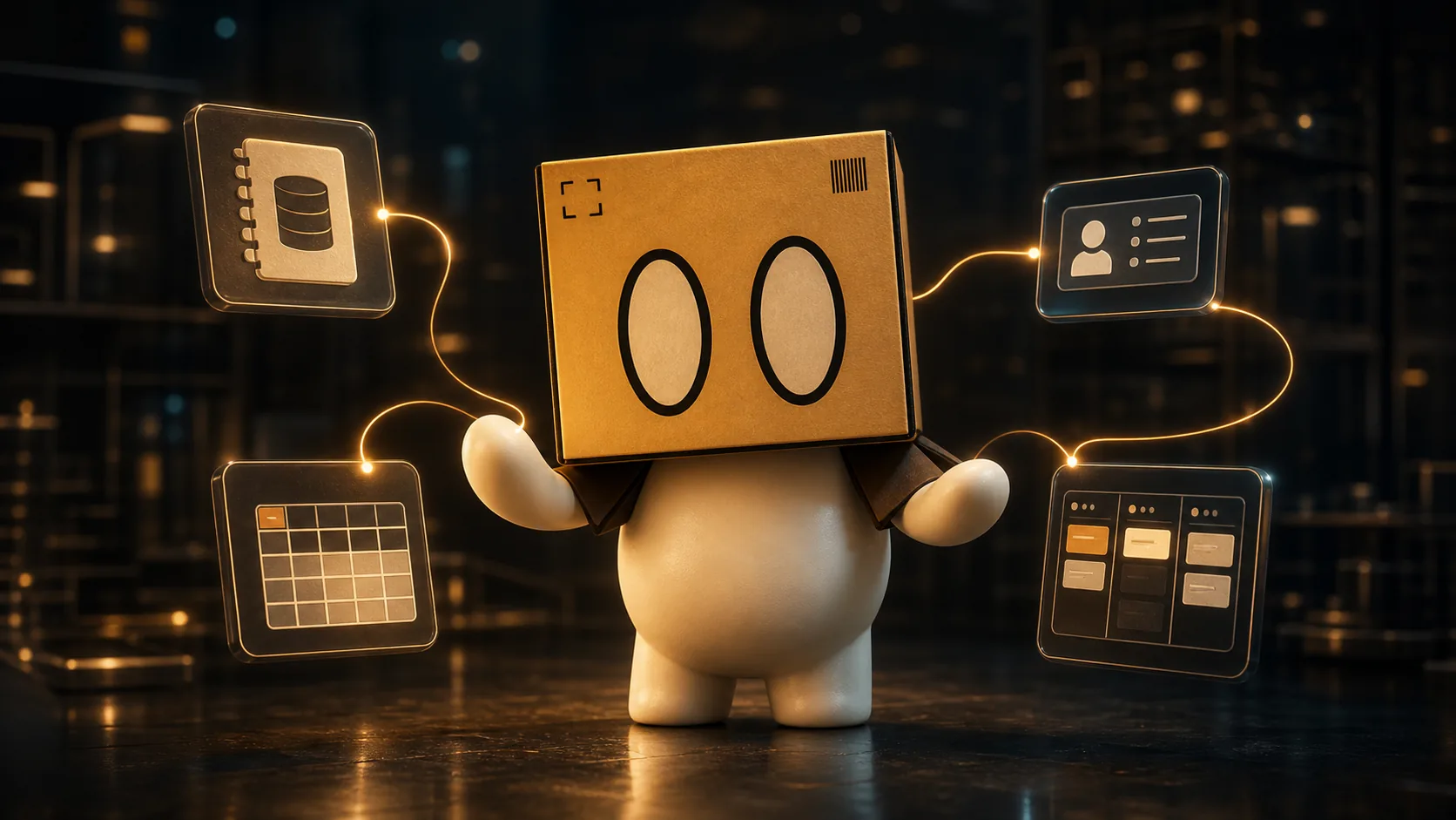 Boxy connecting a database, a calendar and task cards.