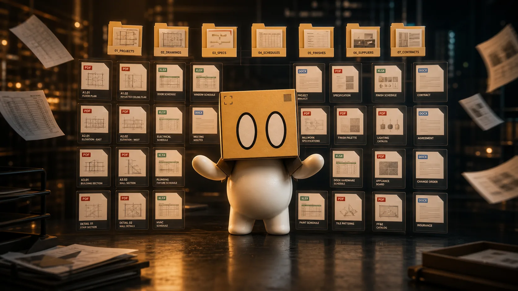 Boxy standing in front of a wall of neatly labeled boxes.