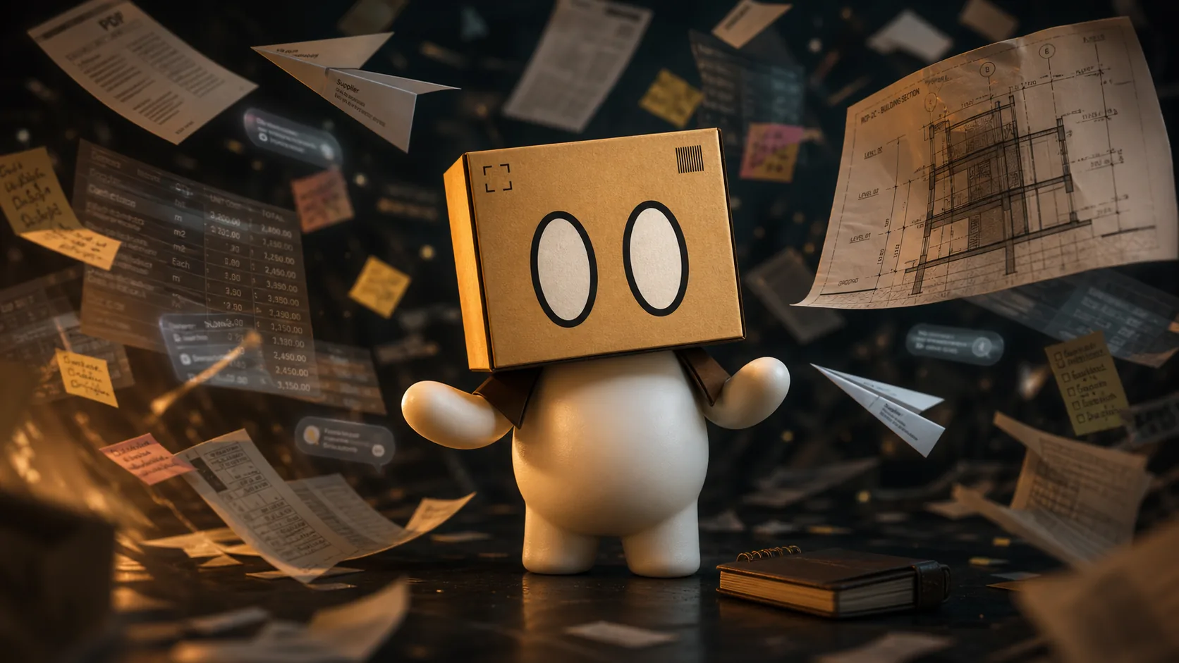 Boxy surrounded by floating papers and sticky notes.