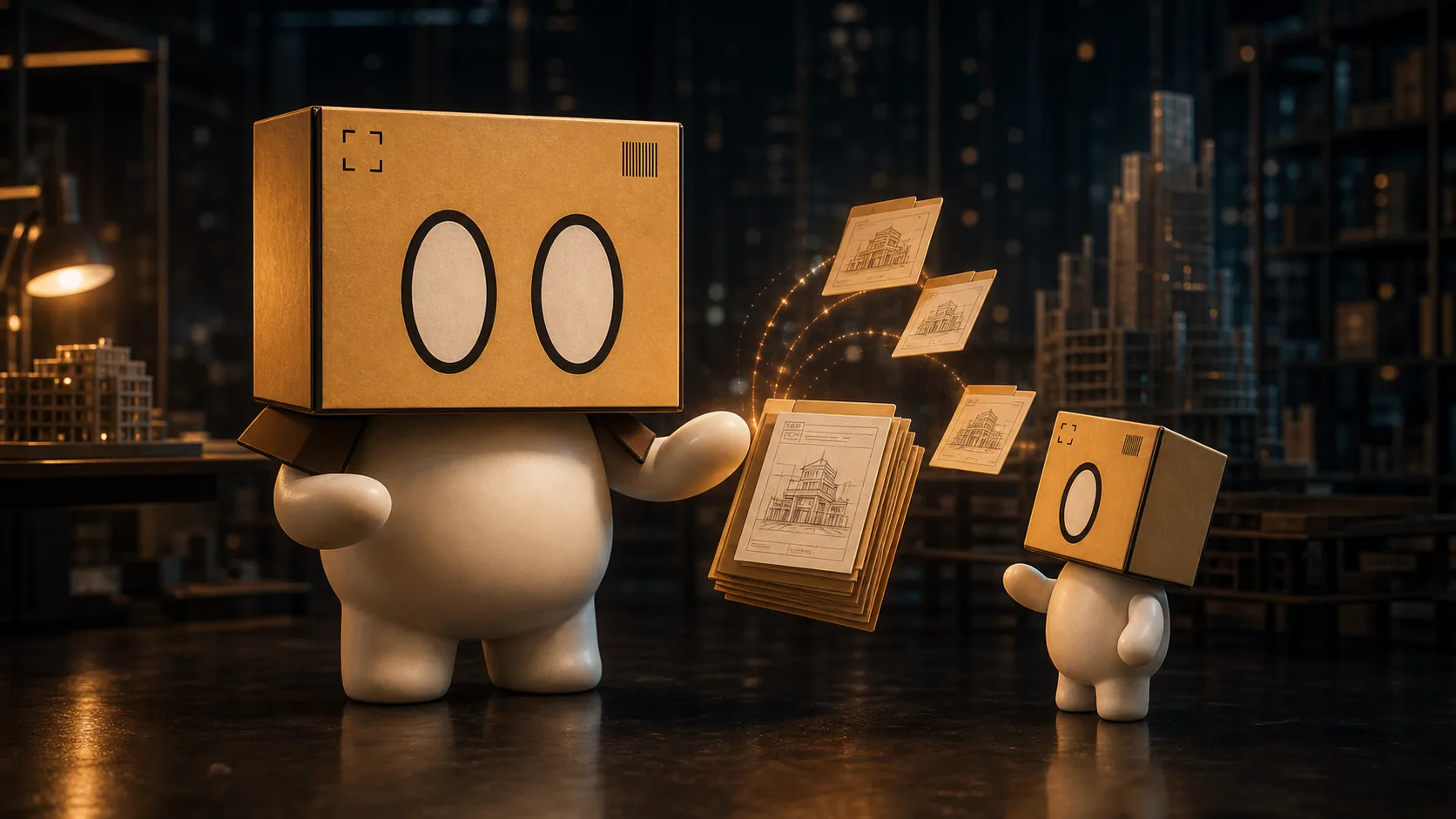 Boxy teaching a smaller box character.