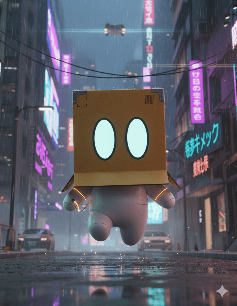 Boxy — the Box Creative Studio mascot, a cardboard box head with oval eyes